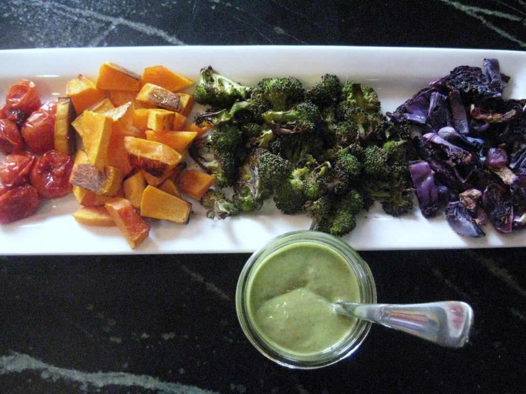 roasted vegetables with hummus dressing