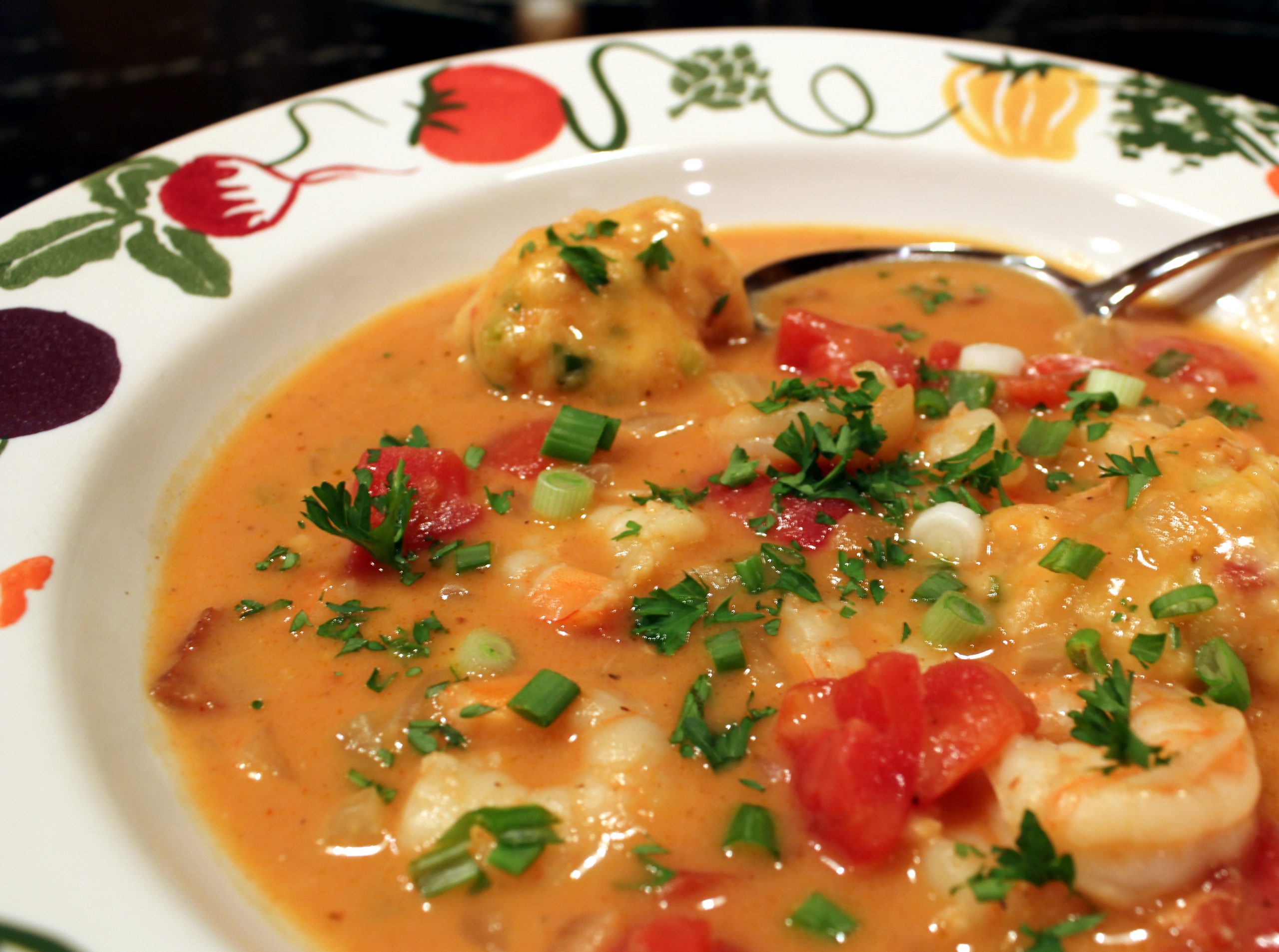 Creamy Shrimp Creole Soup with Bacon-Cornmeal Dumplings